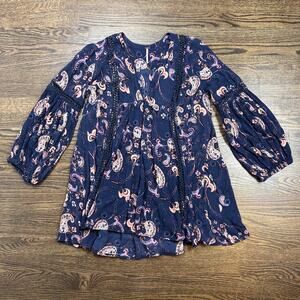Free People Just the Two of Us Dress Womens Large Blue Paisley Boho Tunic V Neck